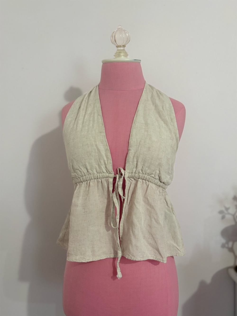 PrettyLittleThing Cream Halter Tie-Front Top